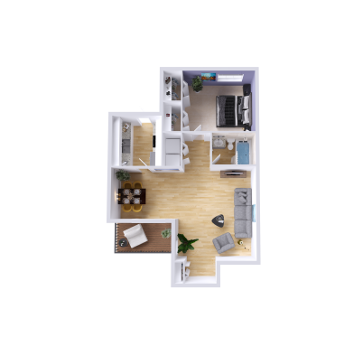 a 3d floor plan of a 1/1 apartment at The Lennox