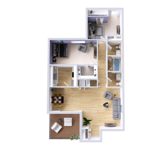 a 3d floor plan of a two bedroom apartment at The  Lennox